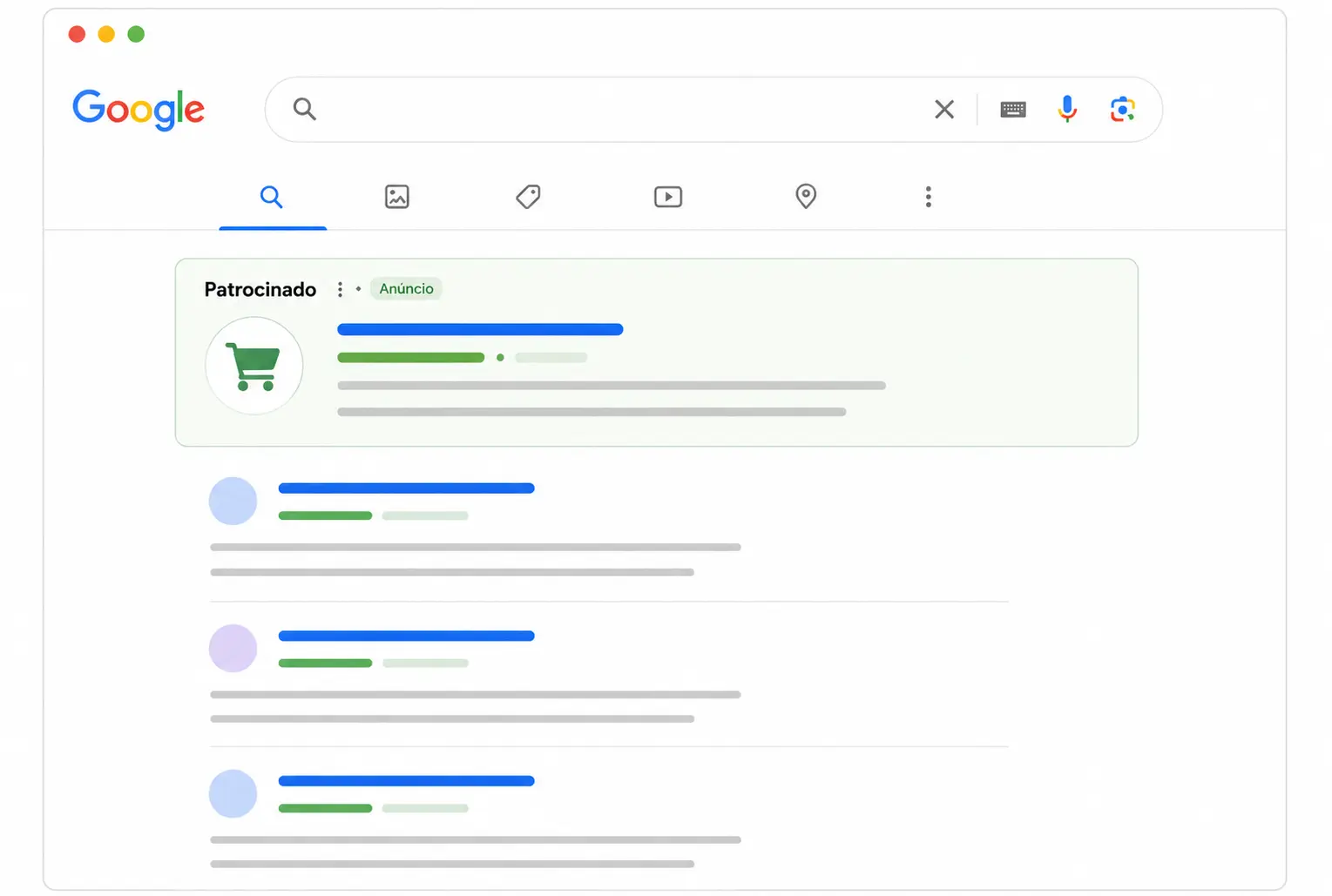 Ilustração de uma página de resultados do Google com um anúncio marcado como patrocinado acima dos resultados orgânicos, representando o que é gestão de tráfego pago e como pode conquistar destaque nas pesquisas.