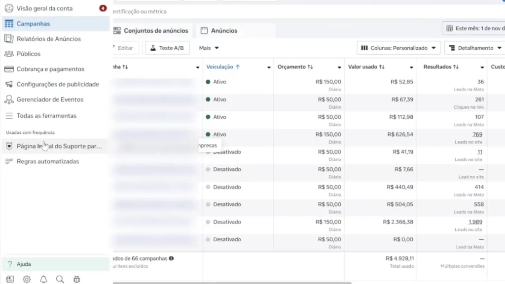 Menu lateral do Gerenciador de Anúncios com a opção "Página inicial do Suporte para Empresas" destacada