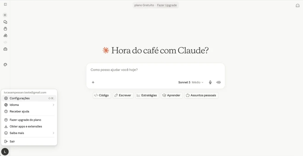 Menu de configurações do Claude para acessar os conectores e configurar o Meta Ads MCP