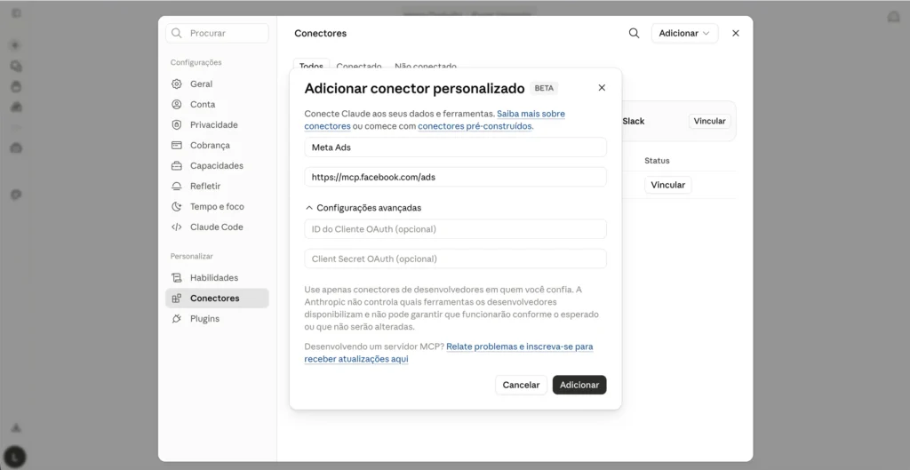 Campo de URL do servidor remoto do Meta Ads MCP no conector personalizado do Claude