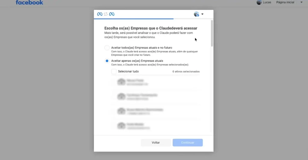 Tela do Facebook para vincular portfólios empresariais ao Meta Ads MCP