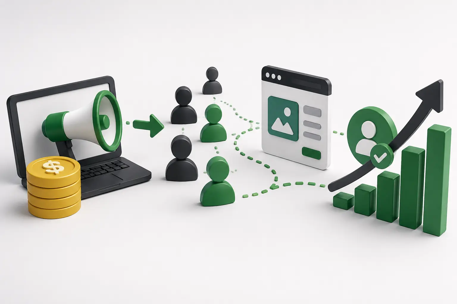 Fluxo do trabalho que representa o que é gestor de tráfego pago: investimento em anúncios, atração de visitantes, página de destino e conversão em clientes.