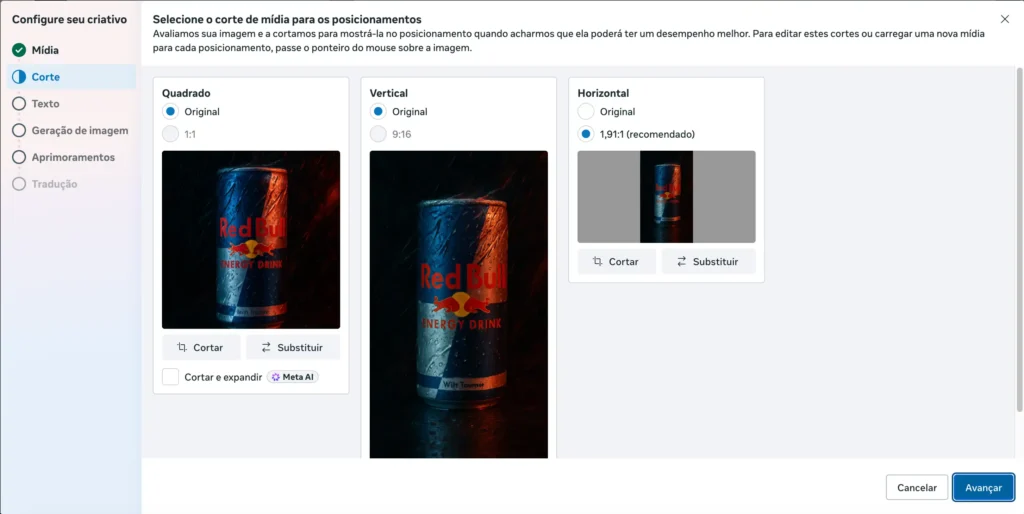 Tela do Gerenciador de Anúncios da Meta com corte de mídia por posicionamento no tamanho anúncio Instagram