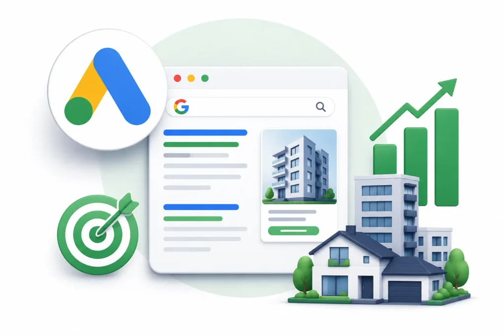 Tráfego pago para imobiliária com anúncio no Google Ads para captação de clientes.