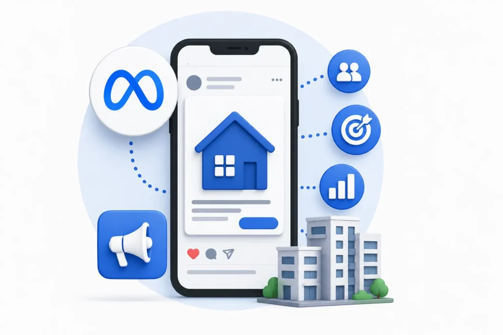 Tráfego pago para imobiliária com anúncio no Meta Ads para divulgação de imóveis.