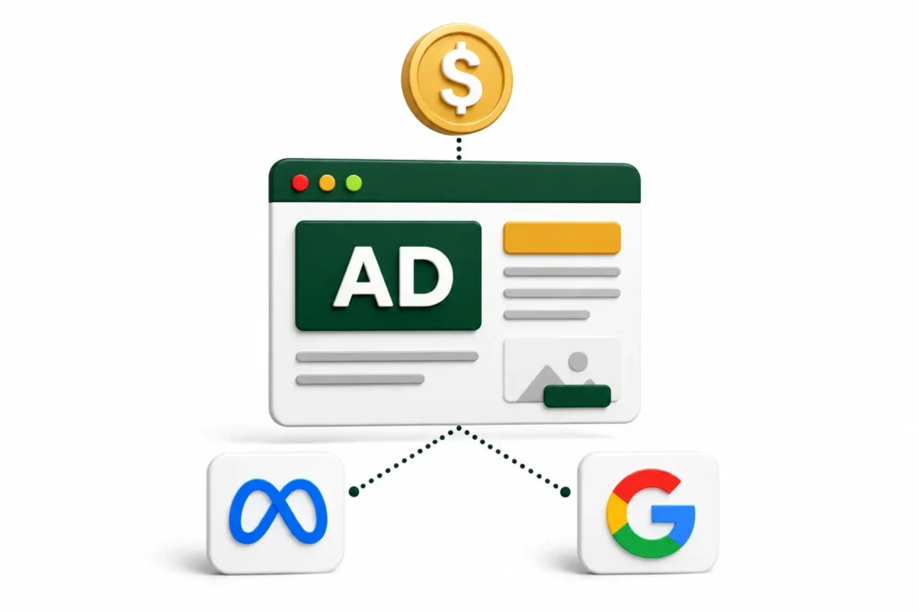 Anúncios em plataformas digitais, mostrando como tráfego pago vale a pena para alcançar clientes no Google, Meta, Instagram, TikTok e LinkedIn.