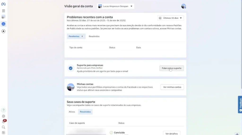 Falar com suporte facebook em Painel de visão geral da conta