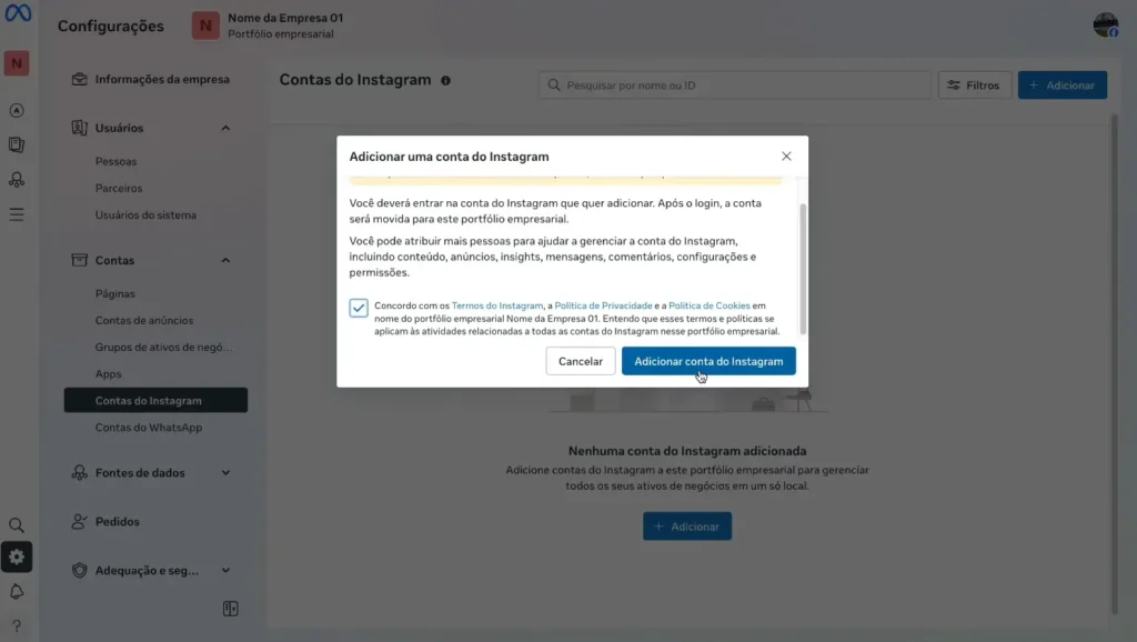 Janela para adicionar uma conta do Instagram ao portfólio empresarial Meta e vinculá-la à estrutura da empresa.