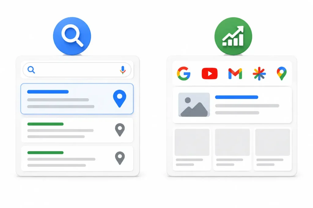 Comparação de como anunciar no Google Maps com campanhas de Rede de Pesquisa e Performance Max.