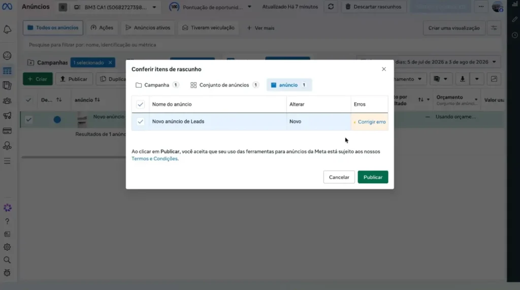 Tela de revisão do rascunho no Gerenciador de Anúncios da Meta antes de publicar o anúncio.