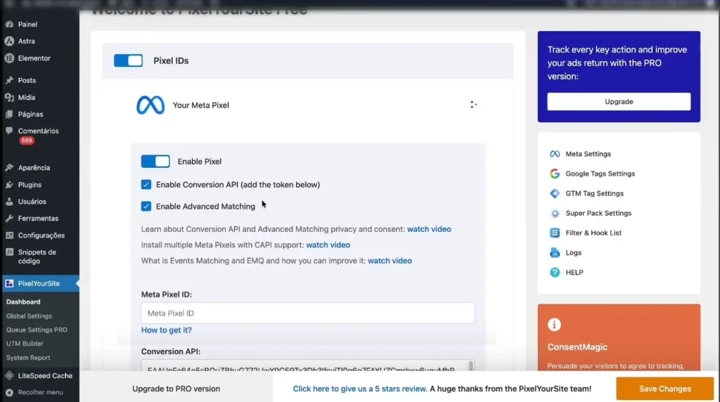 Tela de configuração mostrando como ativar o Pixel da Meta e a Conversion API em um site WordPress.
