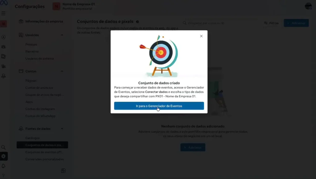 Primeiro passo de como criar o Pixel do Facebook pelo Portfólio Empresarial da Meta antes de conectar o site.