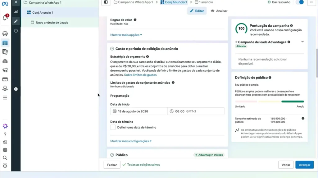 Configuração de orçamento diário e data de início no conjunto de anúncios do Meta Ads.