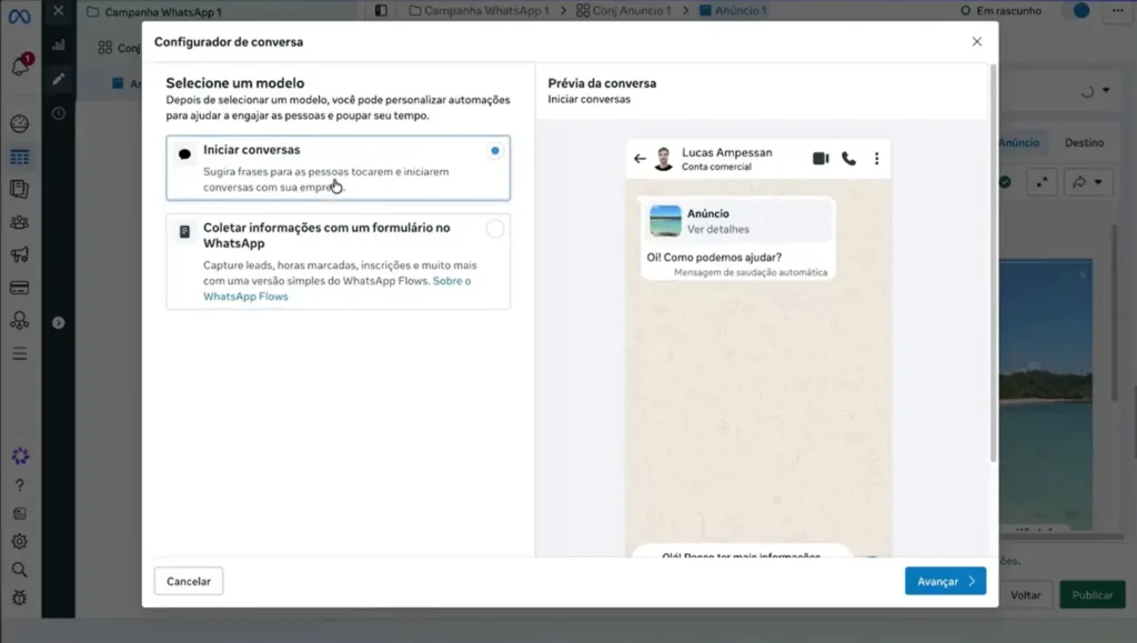 Modelo de mensagem automática do WhatsApp configurado na campanha do Meta Ads.