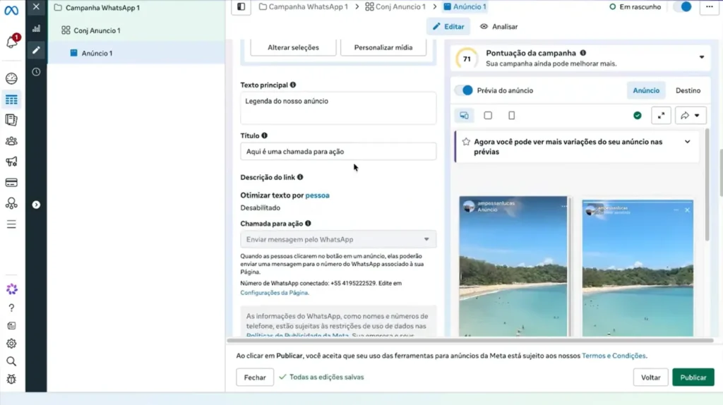 Tela de criação do anúncio com texto principal, título e chamada para ação.