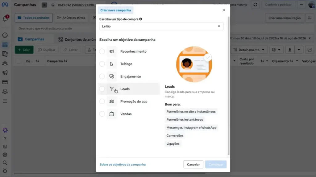 Seleção do objetivo Leads no Gerenciador de Anúncios da Meta.