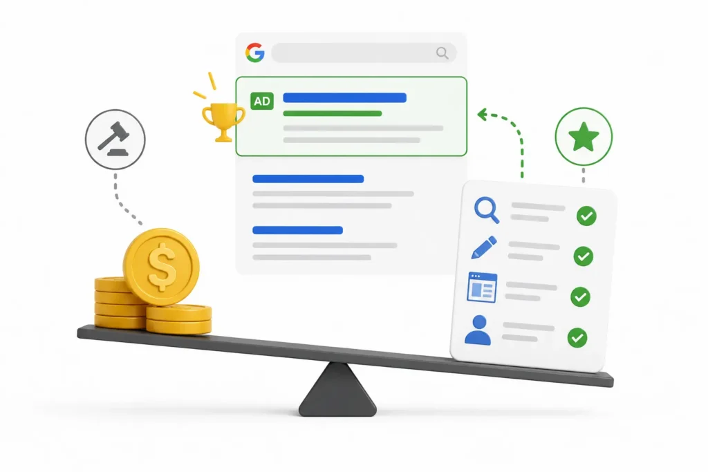 Composição do Ad Rank no Google Ads: lance, qualidade do anúncio e contexto da busca