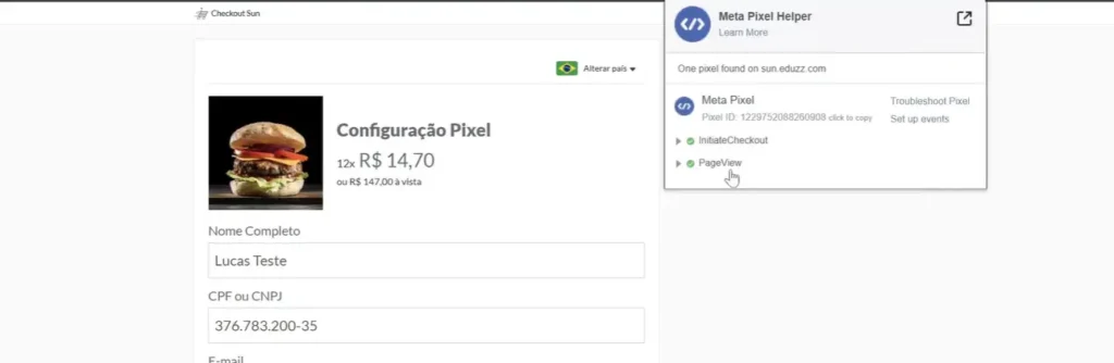 Meta Pixel Helper exibindo dois eventos disparados numa página de checkout.