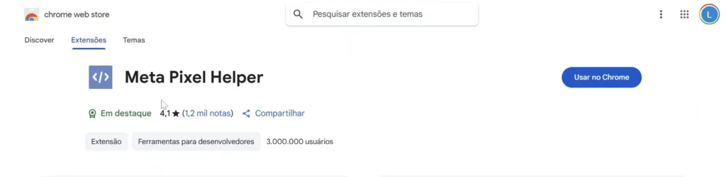 Página da Chrome Web Store com a extensão Meta Pixel Helper pronta para instalação.