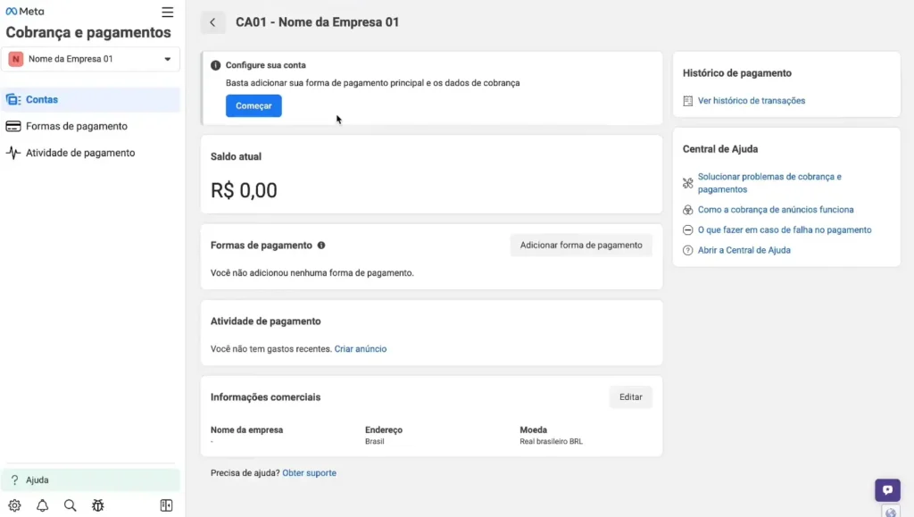 Tela de cobrança e pagamentos da conta de anúncios no portfólio empresarial Meta para adicionar uma forma de pagamento.