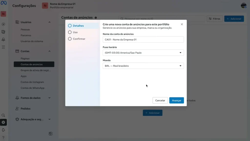 Tela de criação da conta de anúncios dentro do portfólio empresarial Meta com configuração de nome, fuso horário e moeda.