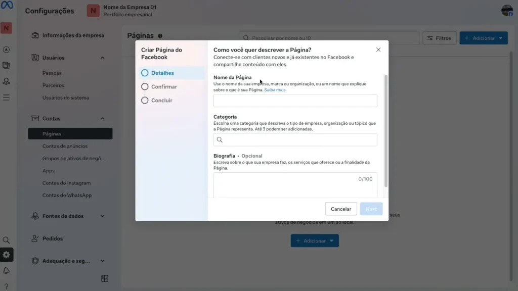 Página do Facebook dentro do portfólio empresarial Meta com campos para nome, categoria e biografia.