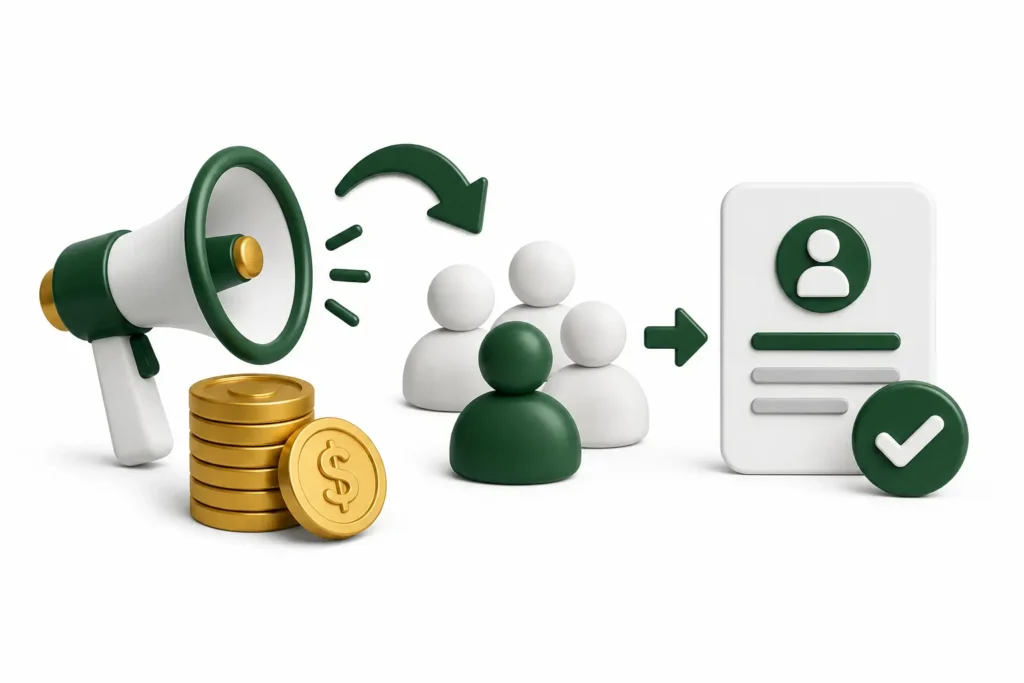 Ilustração do custo por lead (CPL) em campanhas de tráfego pago, com anúncios e contatos gerados.