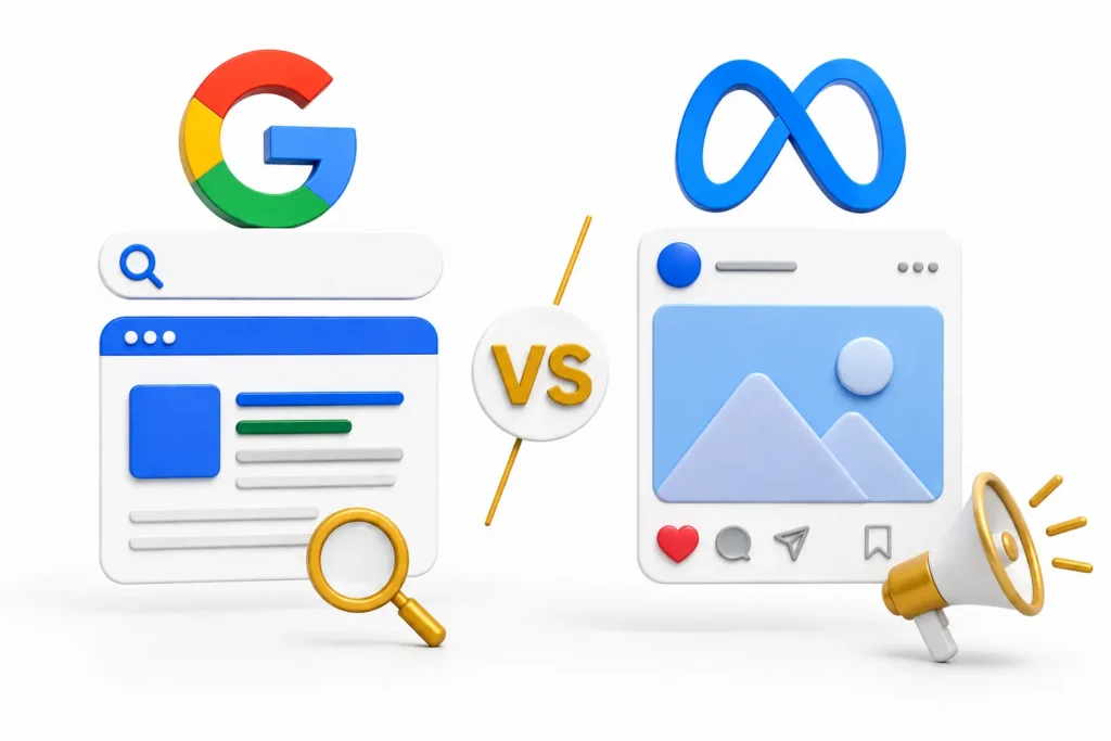 Pessoa pesquisando no Google e pessoa rolando o feed do Instagram, ilustrando a diferença entre Facebook Ads ou Google Ads.