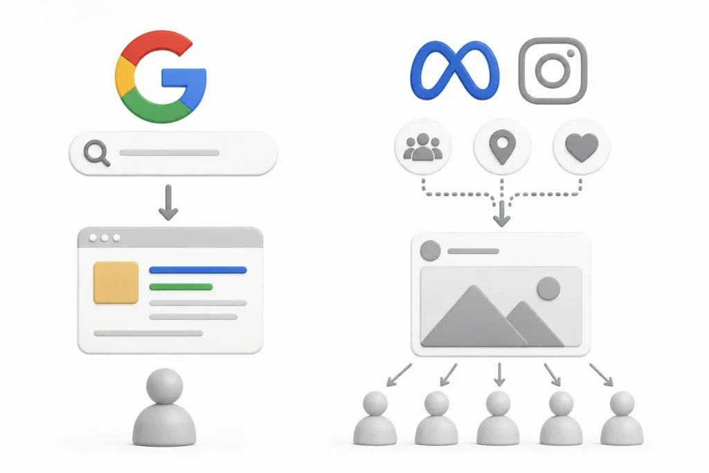Segmentação por palavra-chave no Google Ads e por interesse e comportamento no Facebook Ads ou Google Ads.