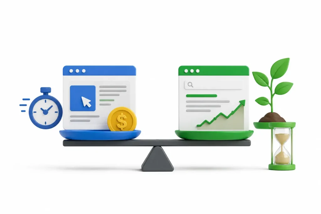 Curva de resultado do Google Ads comparada à do SEO orgânico ao longo do tempo