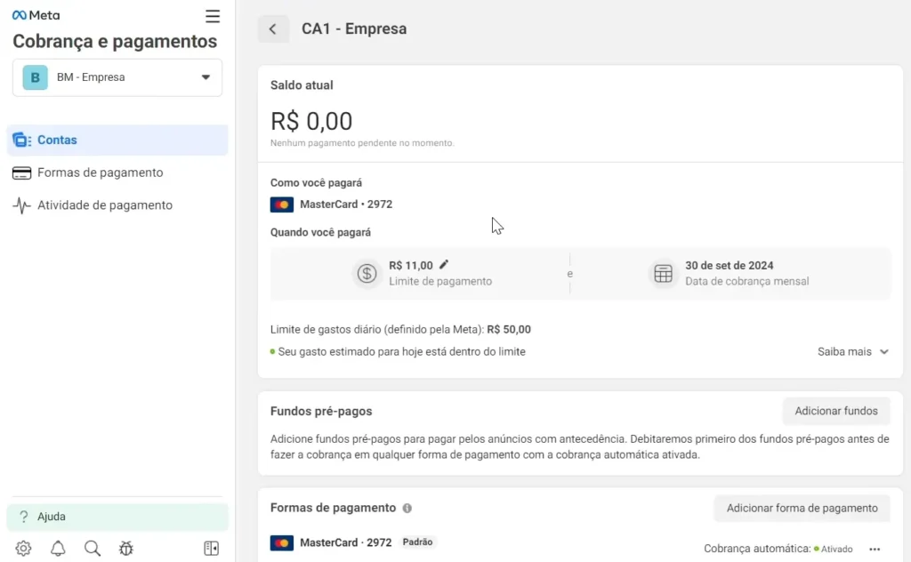 Tela do limite de gastos Facebook Ads no Gerenciador de Anúncios da Meta.