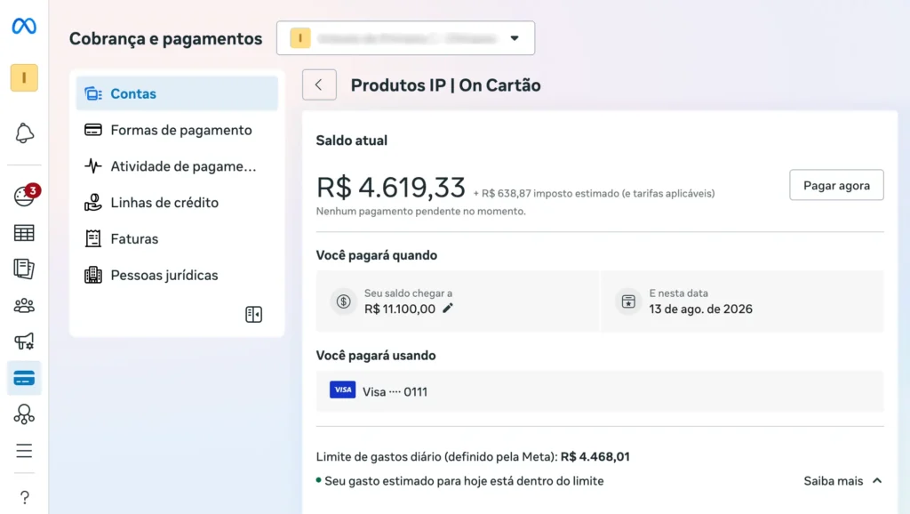 Limite de gastos Facebook Ads com valor elevado em conta da Meta.