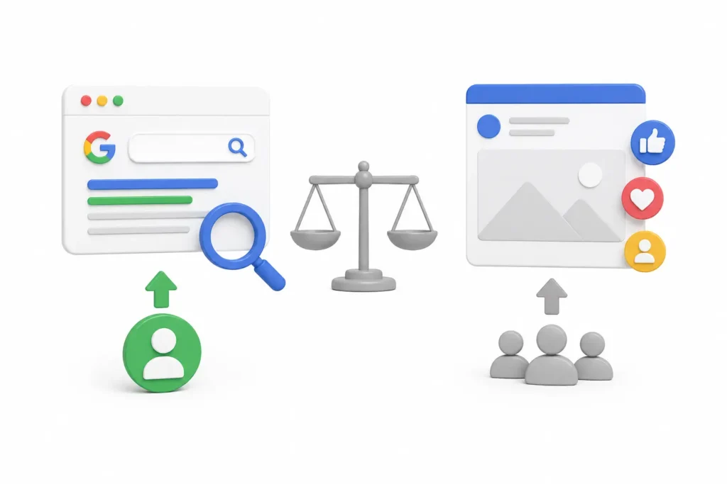Comparando Meta Ads ou Google Ads para advogados, destacando a diferença entre anúncios de pesquisa e anúncios em redes sociais.