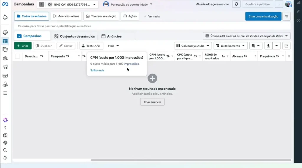 Painel do Meta Ads exibindo a métrica CPM entre os indicadores de desempenho da campanha.