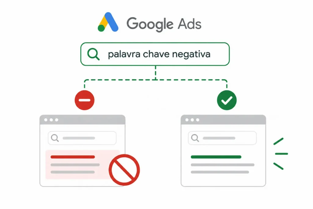 Diagrama mostrando uma busca bloqueada e outra permitida por palavra chave negativa Google Ads.