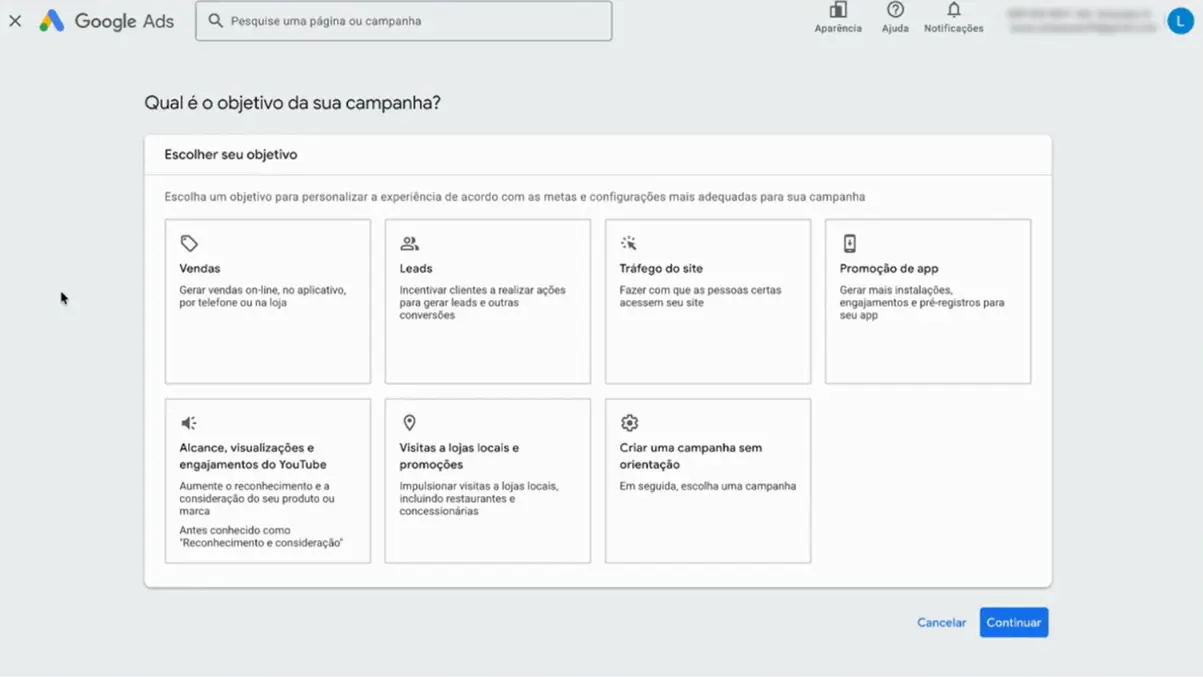 Objetivos de campanha Google Ads na criação de campanha
