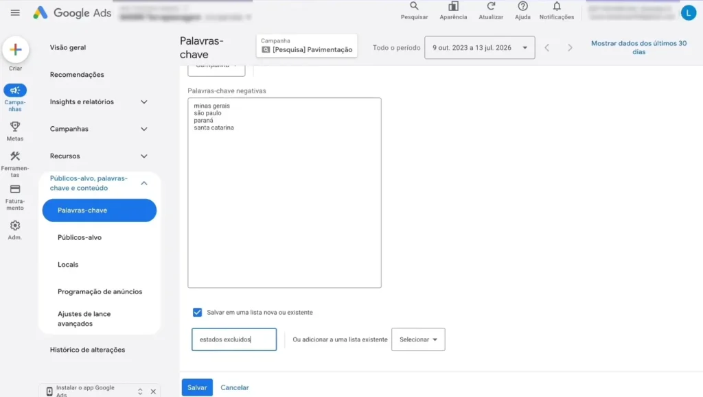 Tela do Google Ads com o cadastro de termos bloqueados antes de a campanha começar a veicular.