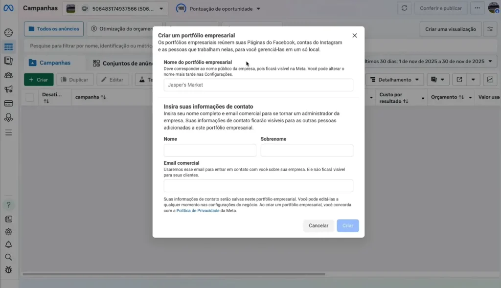 Criação de portfólio empresarial Meta para configurar uma BM e organizar os ativos da empresa