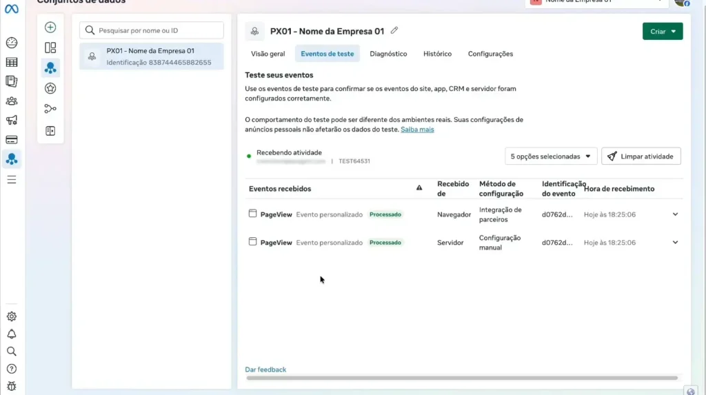 Teste do Pixel do Facebook no Gerenciador de Eventos mostrando o mesmo PageView recebido pelo navegador e pelo servidor.