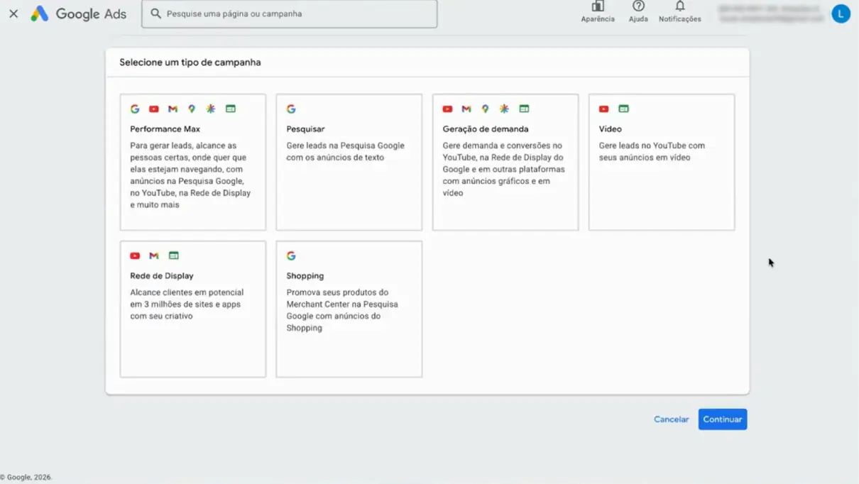 Os principais tipos de campanha Google Ads disponíveis para criação.