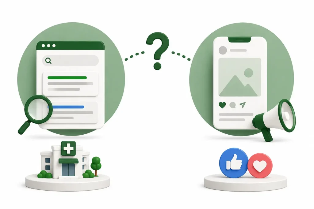 Tráfego pago para médicos ilustrando a escolha entre Google Ads e Meta Ads para captar pacientes.