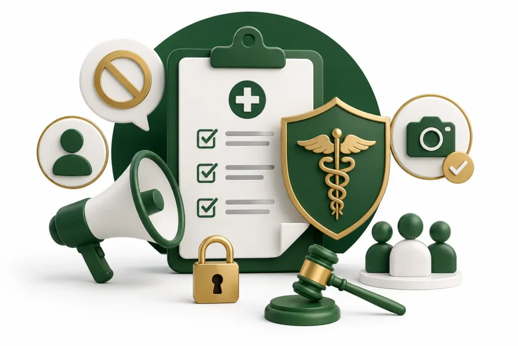 Representação das políticas de publicidade no tráfego pago para médicos, com símbolos de conformidade, segurança e aprovação.