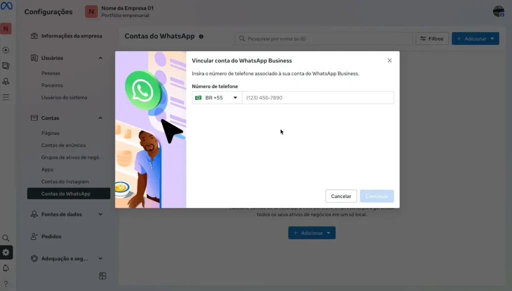 Tela para vincular uma conta do WhatsApp Business ao portfólio empresarial Meta informando o número de telefone da empresa.