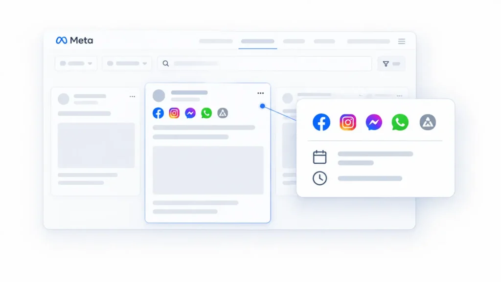 Biblioteca de Anúncios da Meta com um anúncio e as plataformas Facebook, Instagram, Messenger, WhatsApp e Audience Network