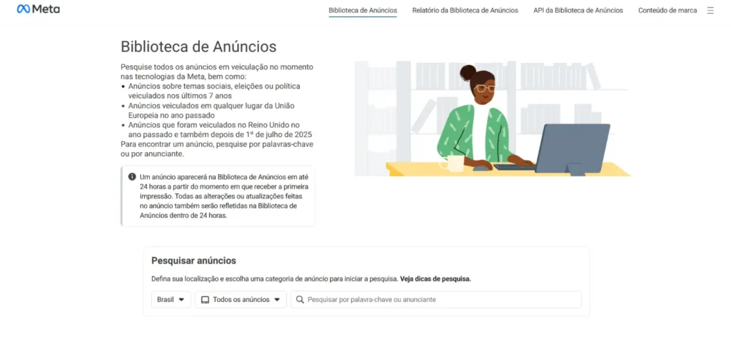Biblioteca de Anúncios da Meta com opções para selecionar o Brasil, escolher a categoria e pesquisar anúncios.