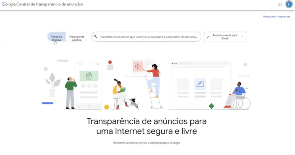 Biblioteca de anúncios do Google, a Central de Transparência de Anúncios, com campo de pesquisa e filtro de país.