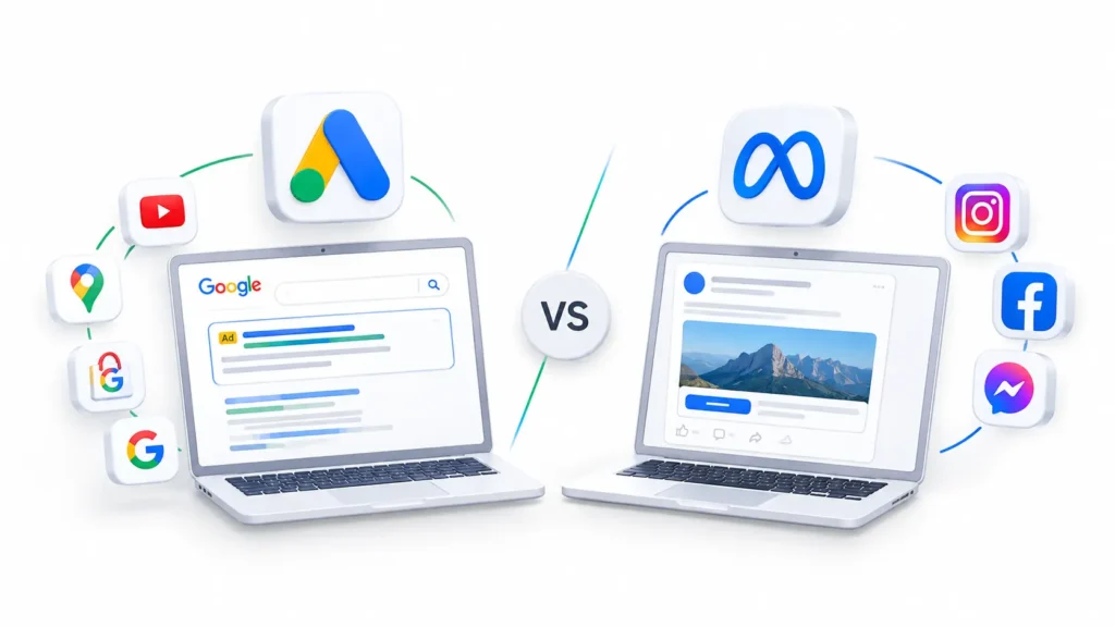 Como anunciar no Google ou no Meta Ads: busca com intenção versus anúncio no feed