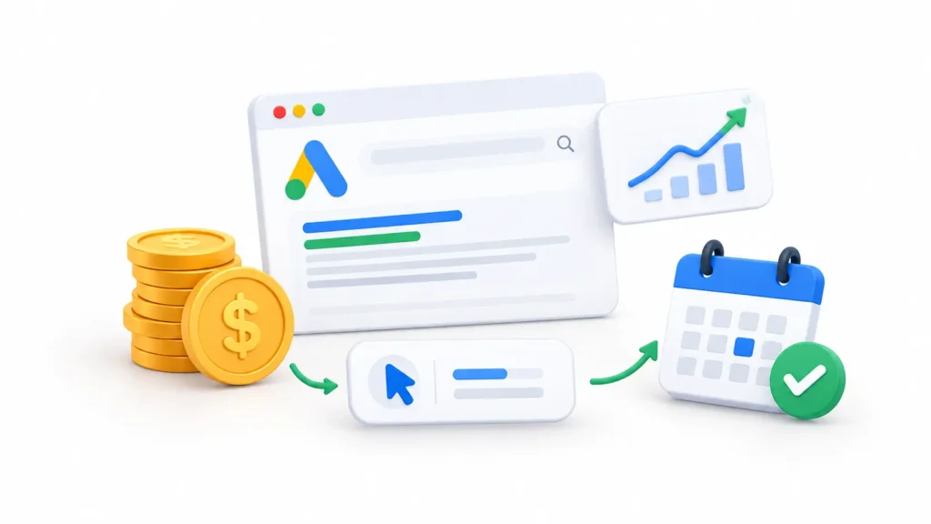 Investimento para anunciar no Google Ads: orçamento, cliques e desempenho da campanha.