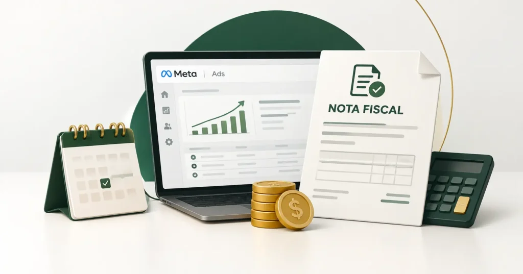 Como emitir nota fiscal Facebook Ads, representando anúncios, cobrança, calendário e documento fiscal.
