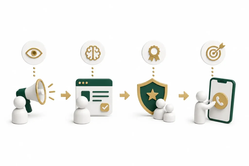 Landing page para advogados representada por uma jornada visual de atenção, entendimento, confiança e ação